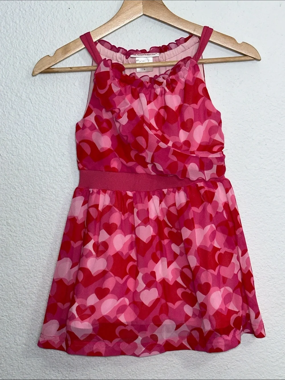 American Girl Red Hearts Ruffle Dress Sleeveless Youth Girls Size 7